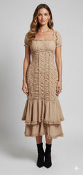 Mac Duggal #8367 Puff Sleeve Ruffle Hem Midi Dress in Bisque Sz 2 $398