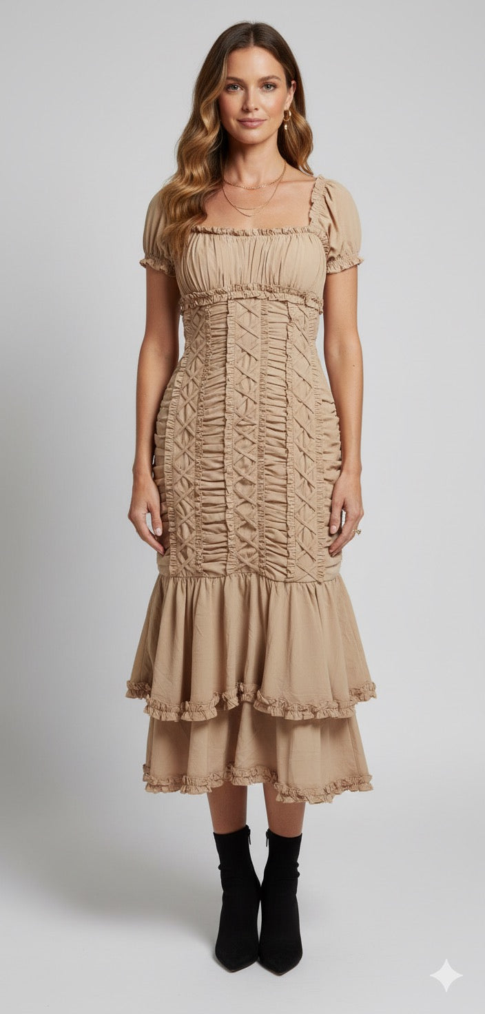 Mac Duggal #8367 Puff Sleeve Ruffle Hem Midi Dress in Bisque Sz 2 $398