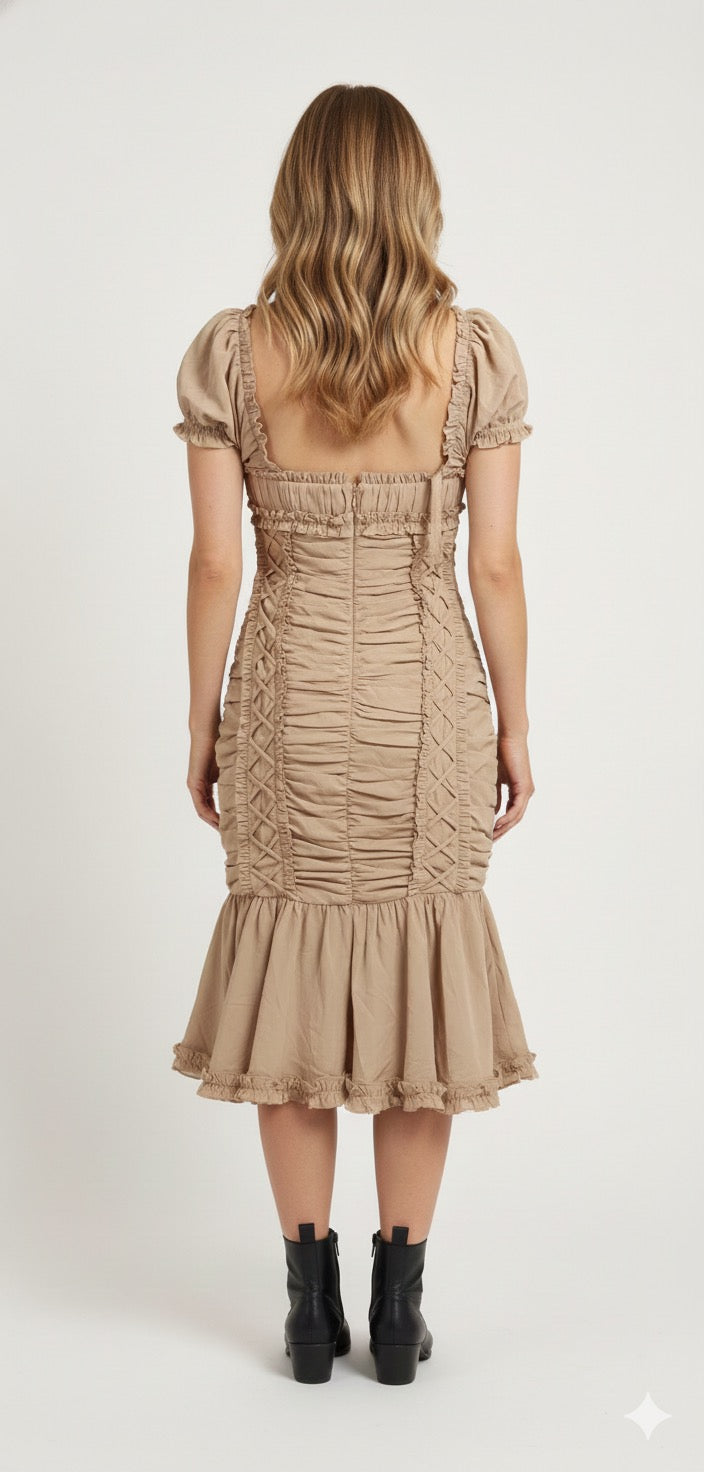 Mac Duggal #8367 Puff Sleeve Ruffle Hem Midi Dress in Bisque Sz 2 $398