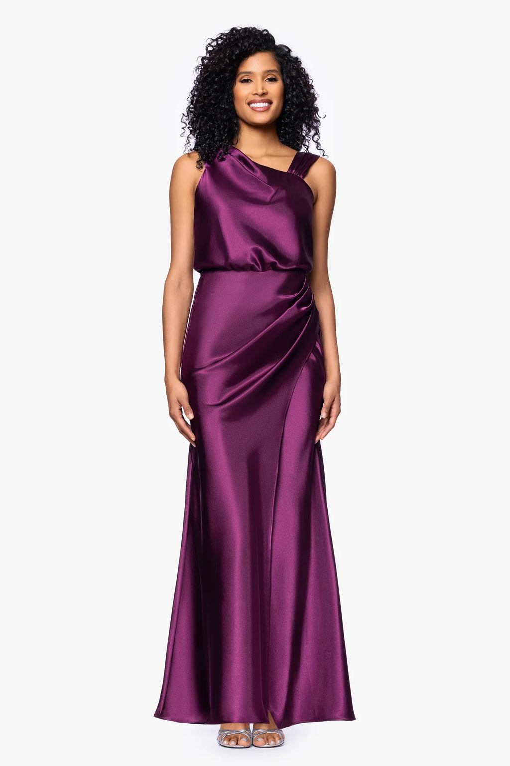 Betsy & Adam Melody Satin Ruched Gown in Plum Sz 4