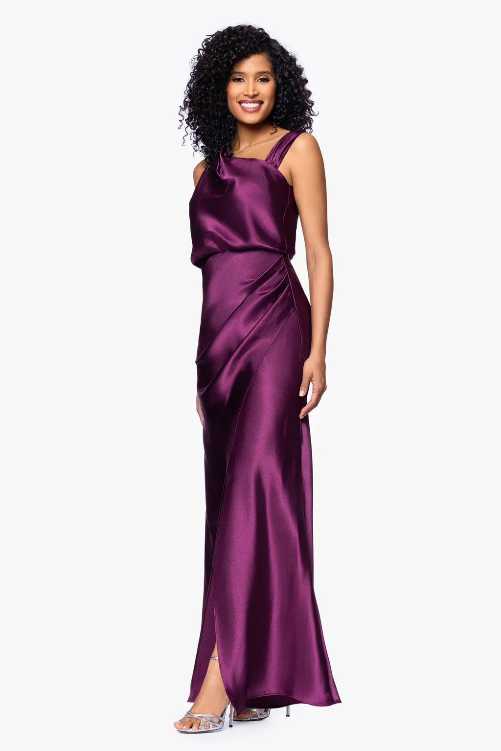 Betsy & Adam Melody Satin Ruched Gown in Plum Sz 4