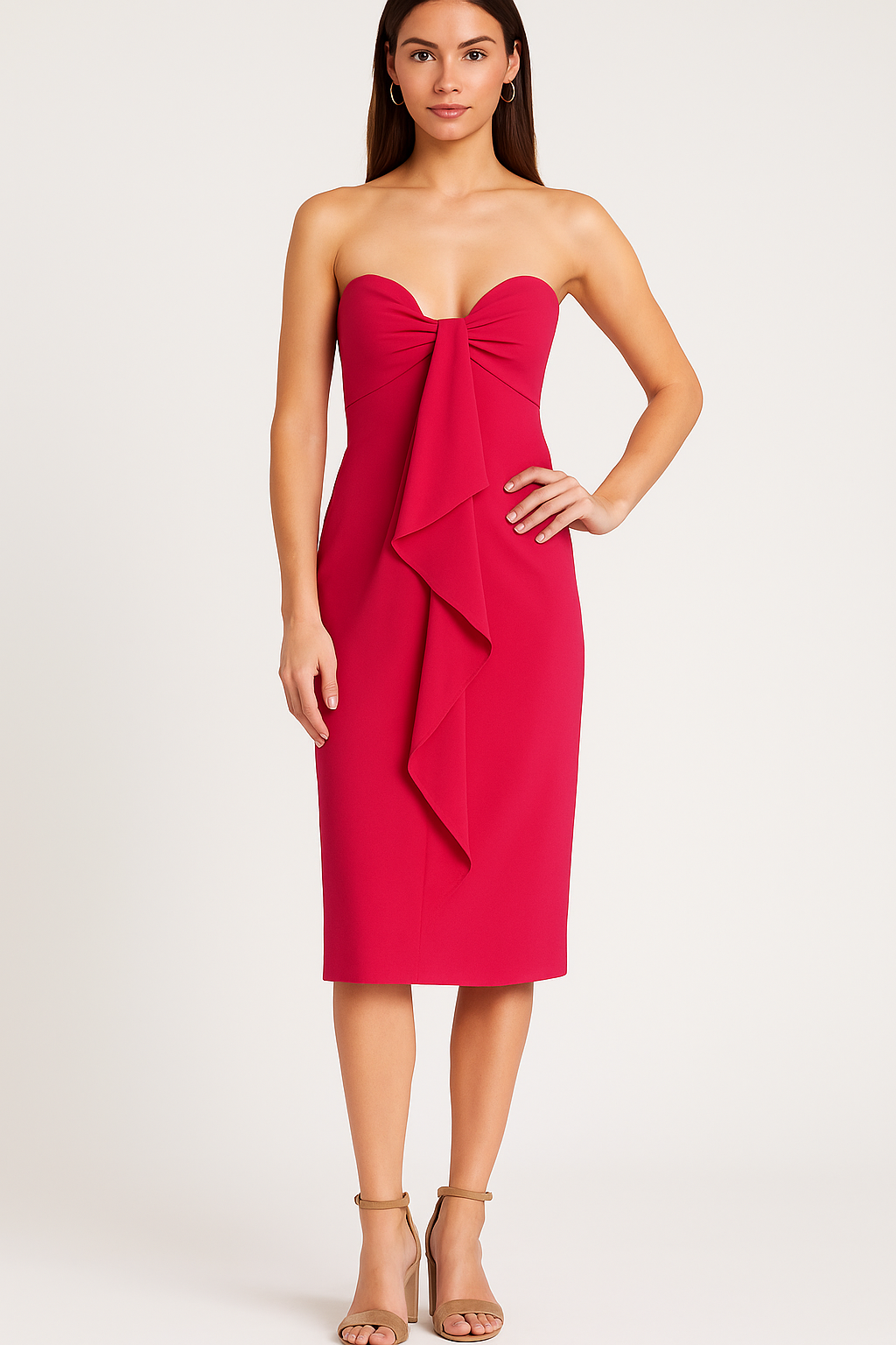 BCBGMAXAZRIA Strapless Sweetheart
Ruffle Front Midi Dress Red Sz 4 $398