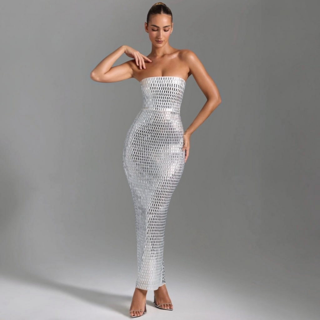 Oh Polly Amaya Embellished Bandeau Maxi Dress White/Silver Crystal Embellished US 2