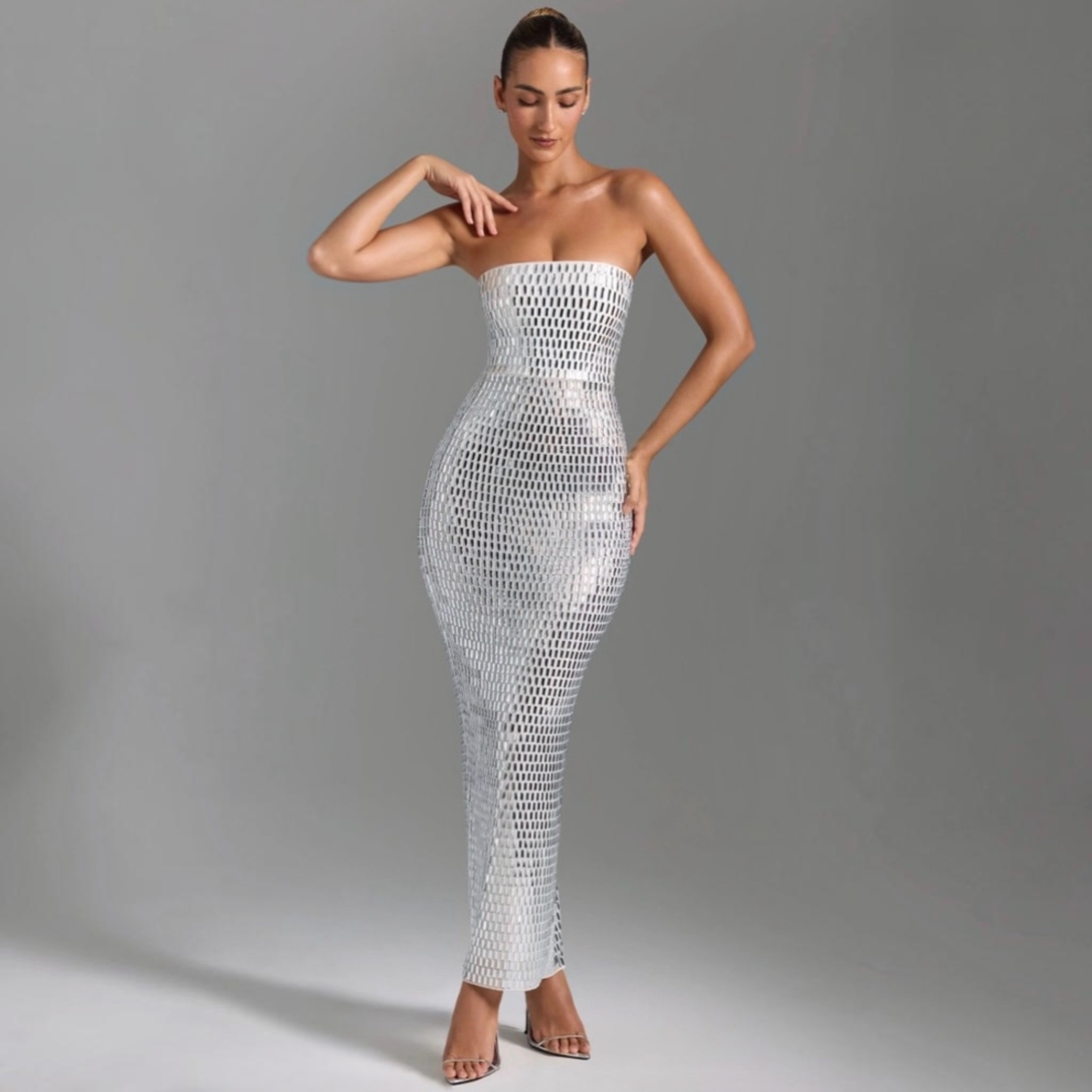 Oh Polly Amaya Embellished Bandeau Maxi Dress White/Silver Crystal Embellished US 2