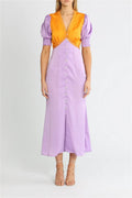 Never Fully Dressed Lindos Colorblock Midi Dress Lilac Orange Puff Sleeve US 6