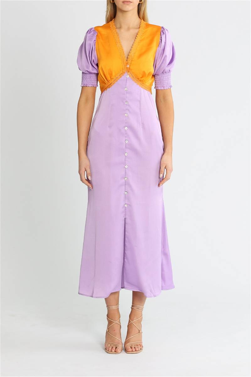 Never Fully Dressed Lindos Colorblock Midi Dress Lilac Orange Puff Sleeve US 6