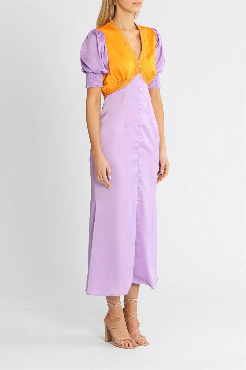 Never Fully Dressed Lindos Colorblock Midi Dress Lilac Orange Puff Sleeve US 6