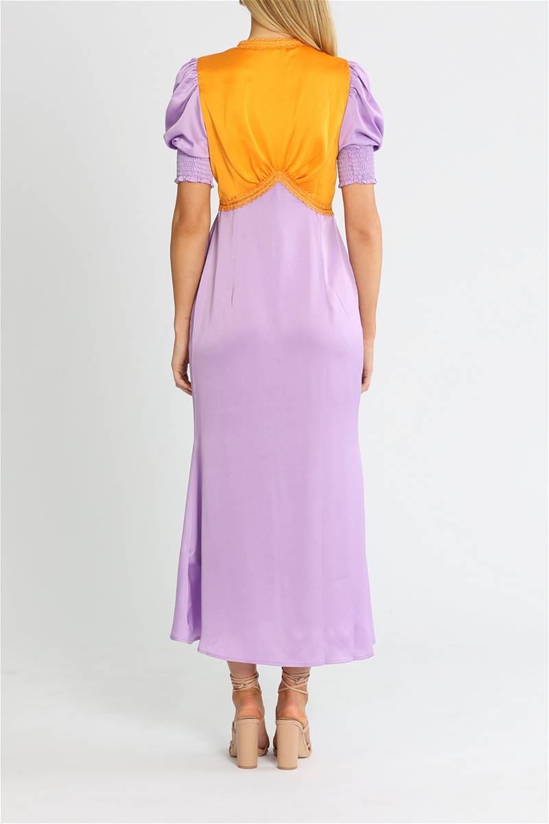 Never Fully Dressed Lindos Colorblock Midi Dress Lilac Orange Puff Sleeve US 6