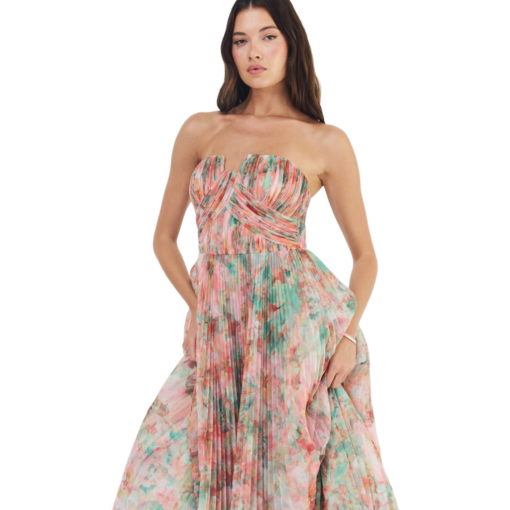 Hutch Corene Pleated Strapless Mesh Gown – Multi Azalea Garden – Size 2