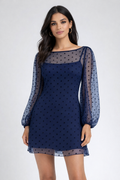 Amanda Uprichard Navy Sheer Polka Dot Mini Dress Keyhole Back Long Sleeve Small $248