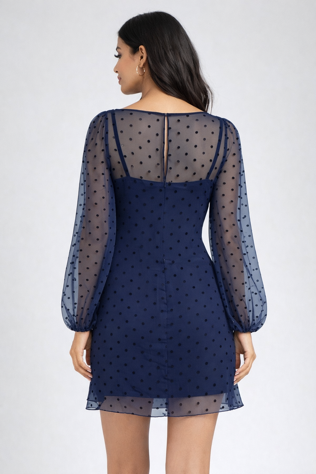 Amanda Uprichard Navy Sheer Polka Dot Mini Dress Keyhole Back Long Sleeve Small $248