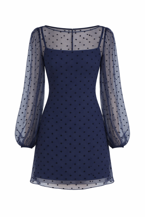 Amanda Uprichard Navy Sheer Polka Dot Mini Dress Keyhole Back Long Sleeve Small $248