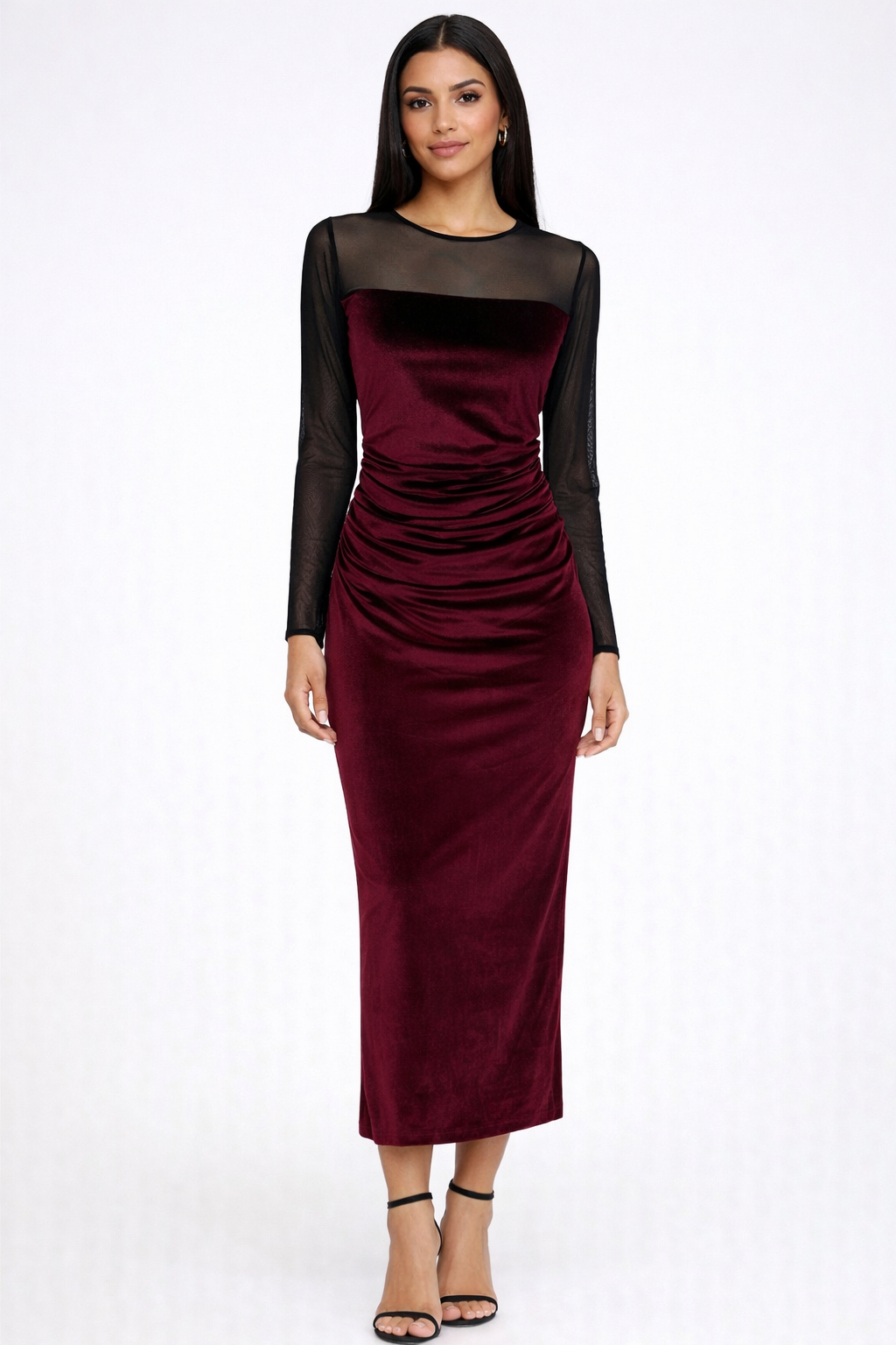 Amanda Uprichard Burgundy Velvet Mesh Midi Dress Ruched Long Sleeve Small $268