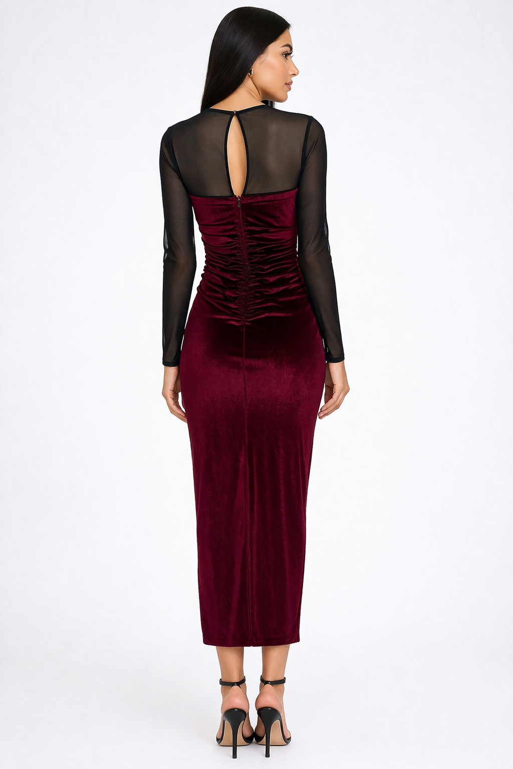 Amanda Uprichard Burgundy Velvet Mesh Midi Dress Ruched Long Sleeve Small $268