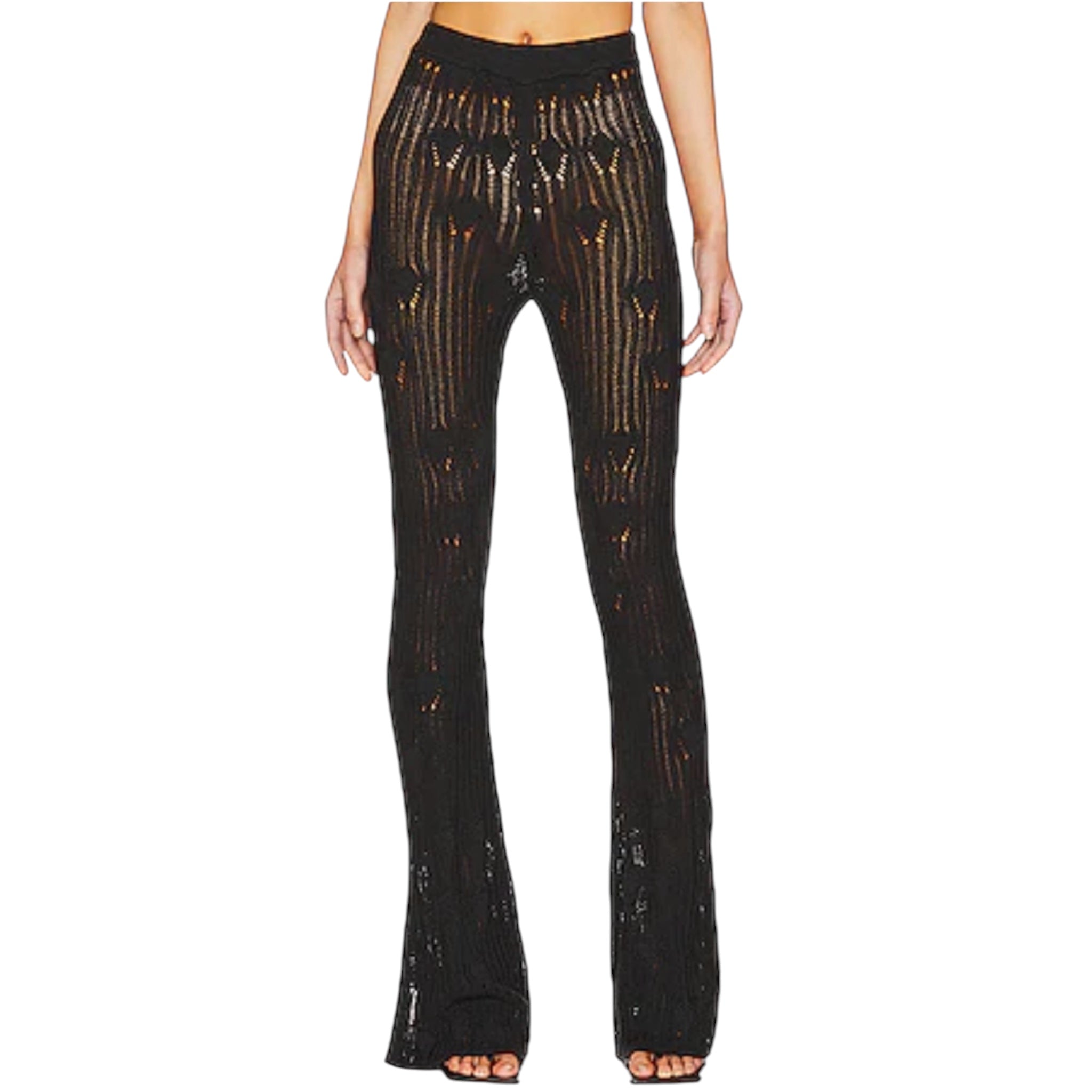 NBD Astra Knit Pant Black Open Knit Sheer Flare Pants Size Small