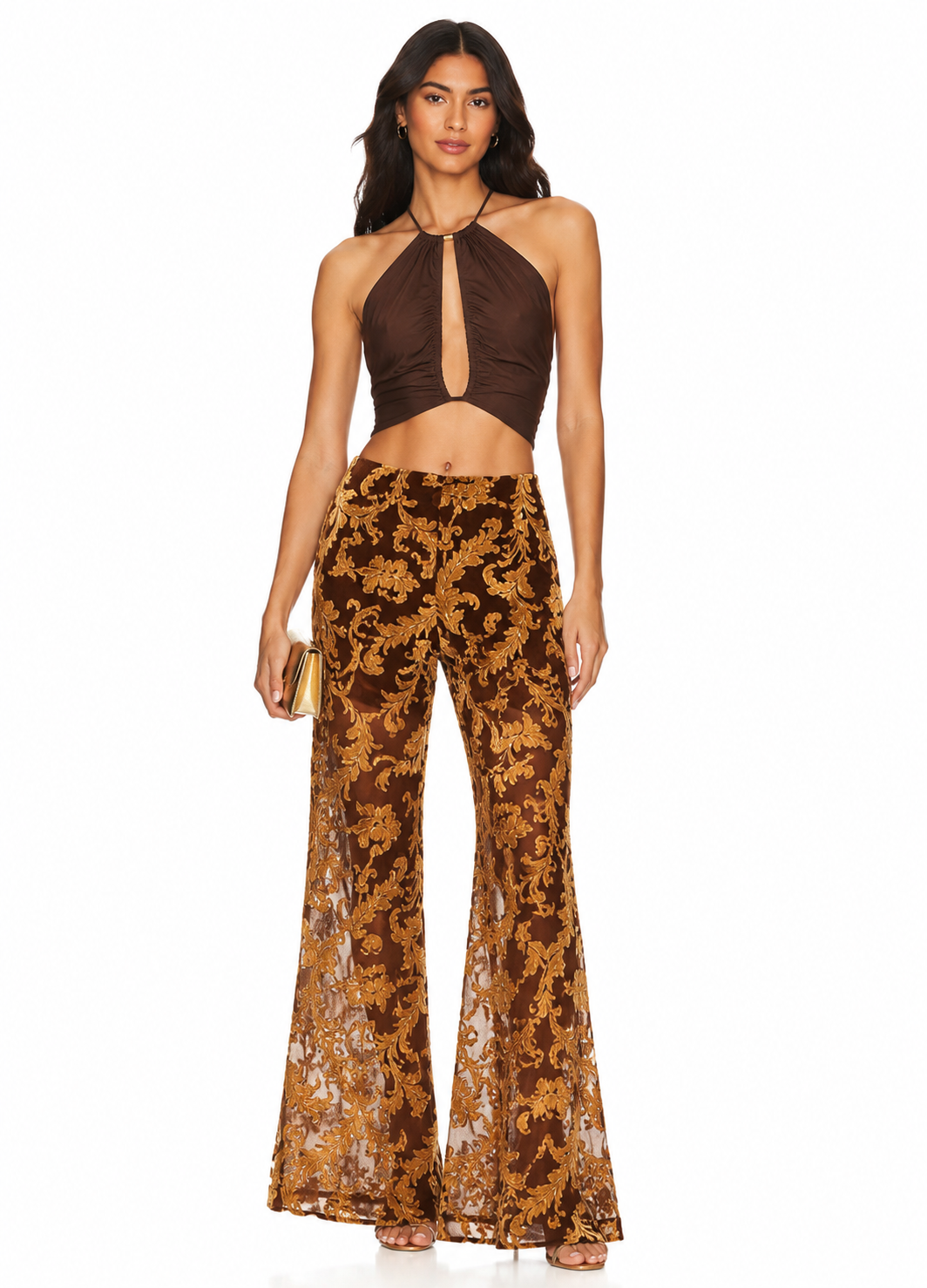 L’Academie by Marianna Brown Gold Baroque Flocked Flare Pants Small