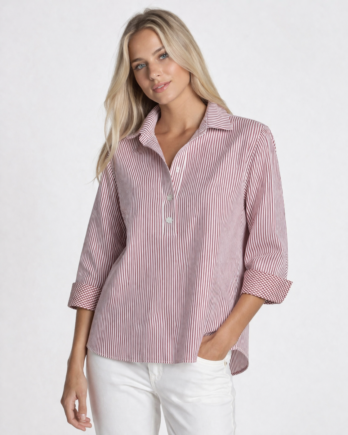 Hinson Wu Aileen 3/4 Sleeve Red Stripe
Button-Back Blouse Sz 6 $280