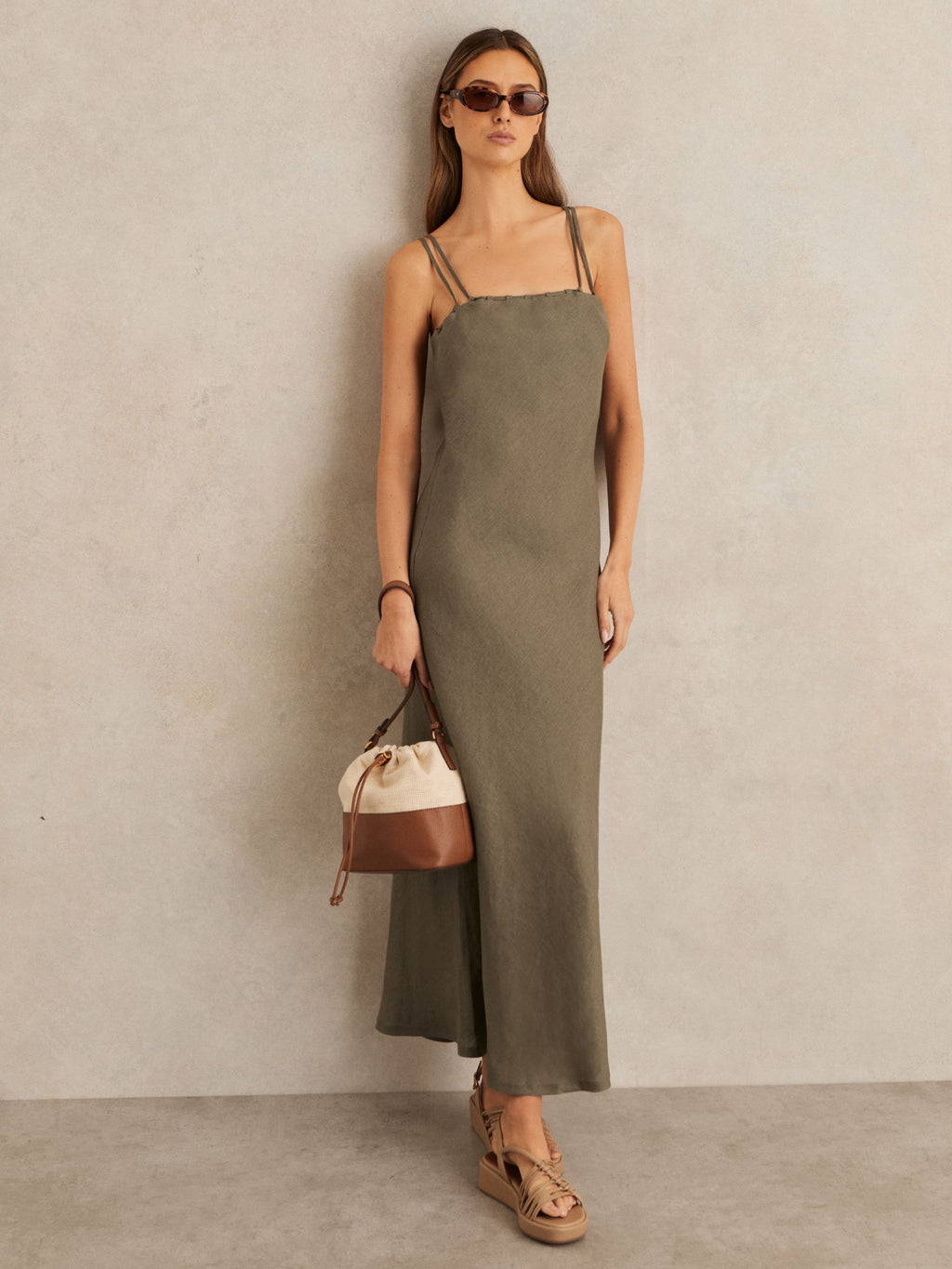 Reiss Roxanne Linen Double-Strap Slip Dress Khaki Size 4