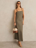Reiss Roxanne Linen Double-Strap Slip Dress Khaki Size 4