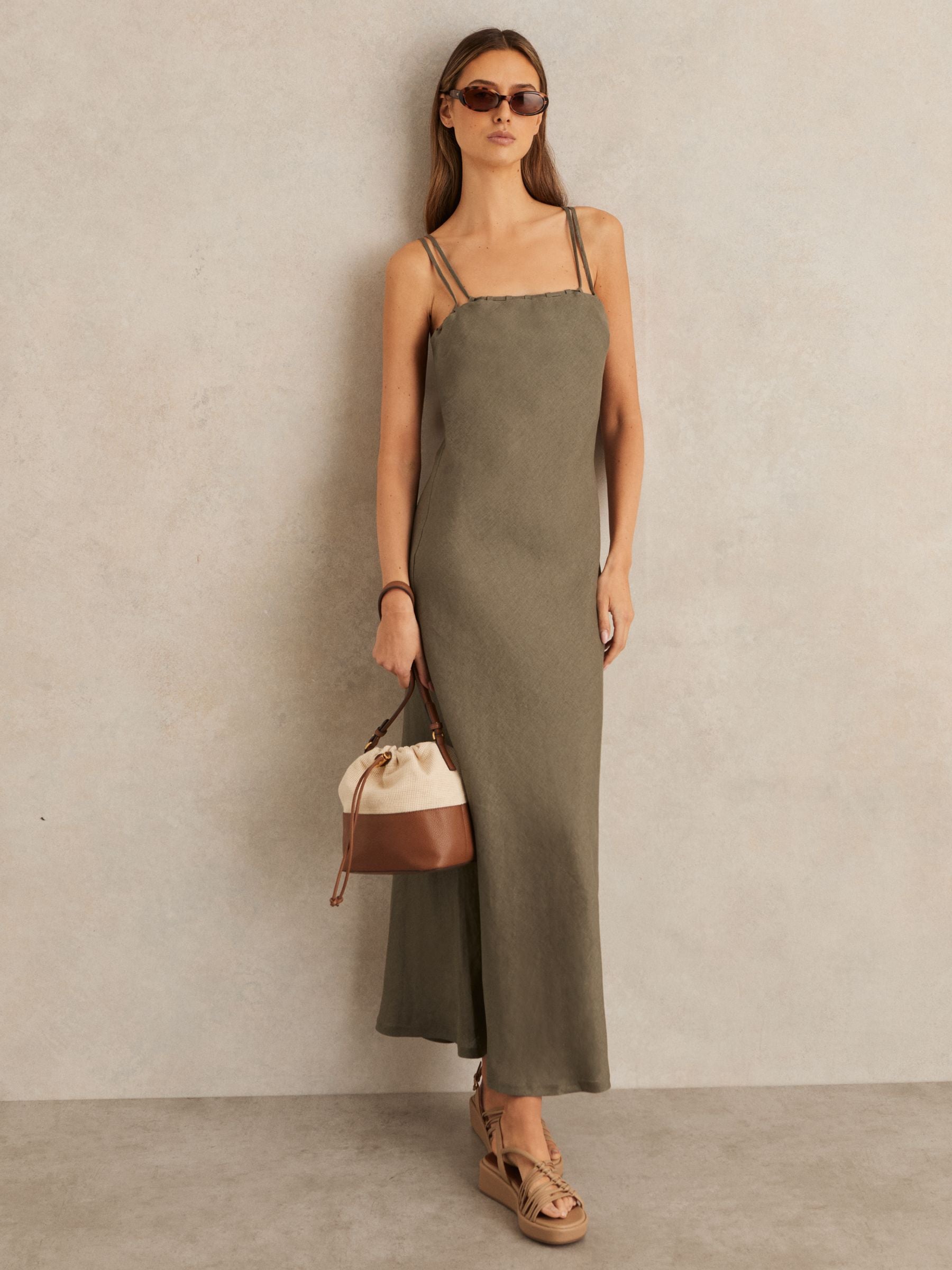 Reiss Roxanne Linen Double-Strap Slip Dress Khaki Size 4