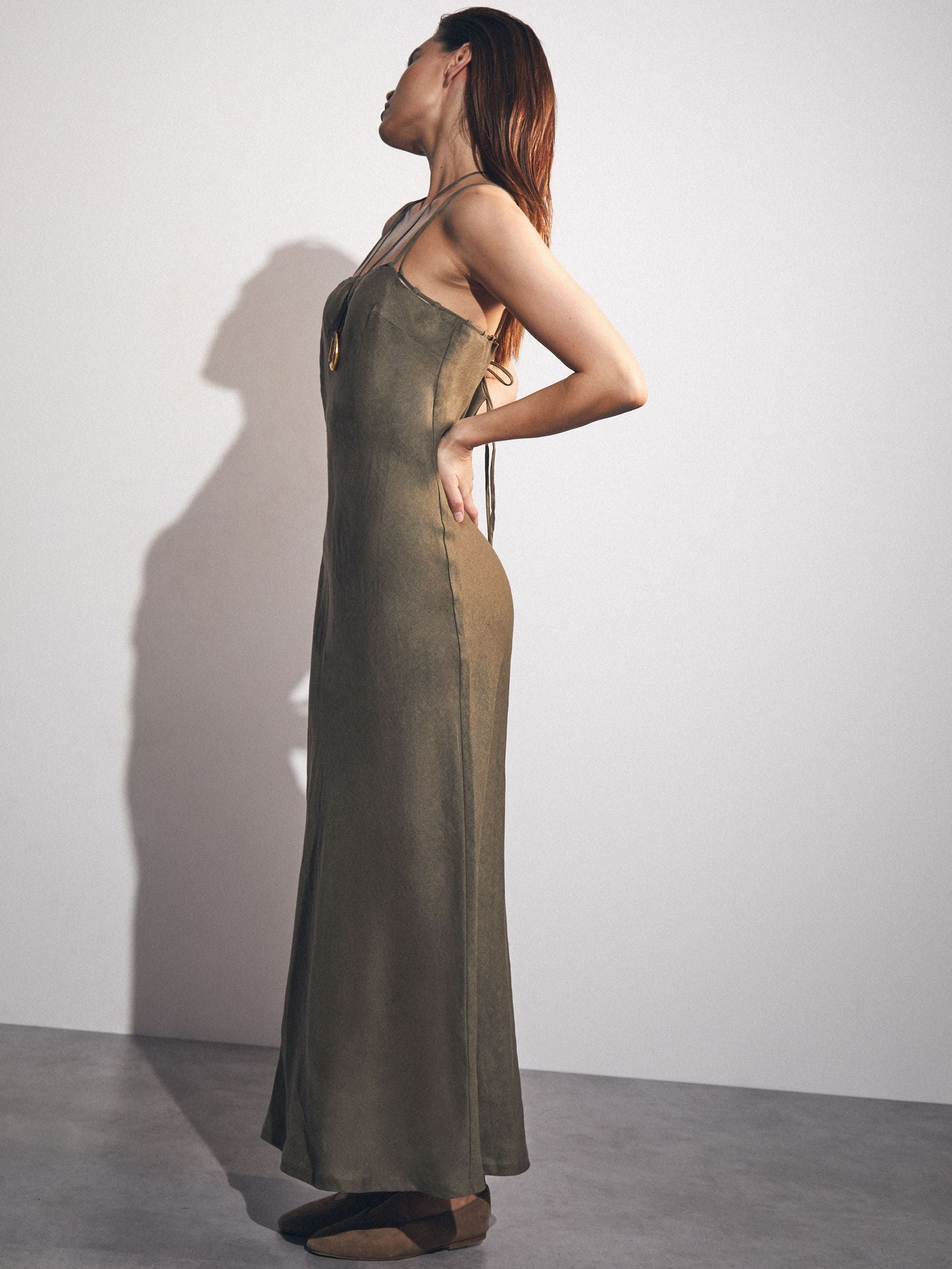Reiss Roxanne Linen Double-Strap Slip Dress Khaki Size 4