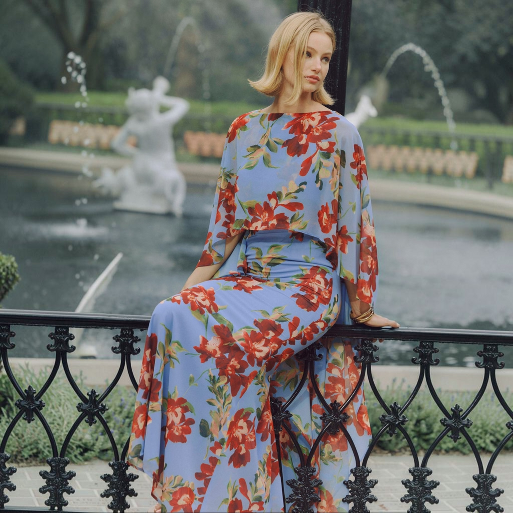Hutch Avielle Floral Cape Overlay Maxi Dress – Blue/Red – Size Small
