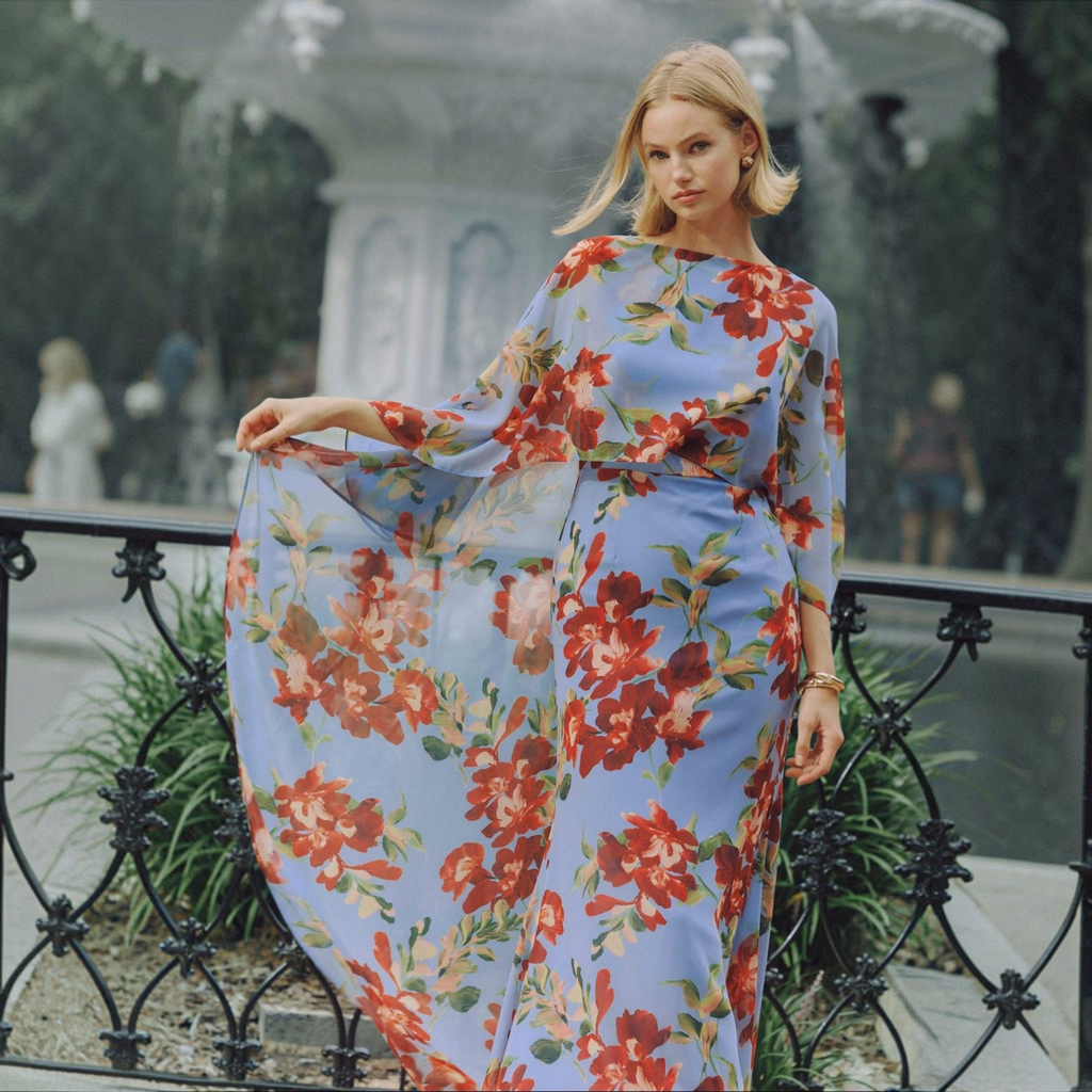 Hutch Avielle Floral Cape Overlay Maxi Dress – Blue/Red – Size Small