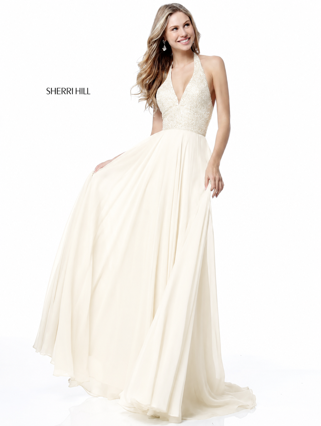 Sherri Hill 51640 Ivory Sequin Halter Chiffon Gown Size 8 NWT Retail $480