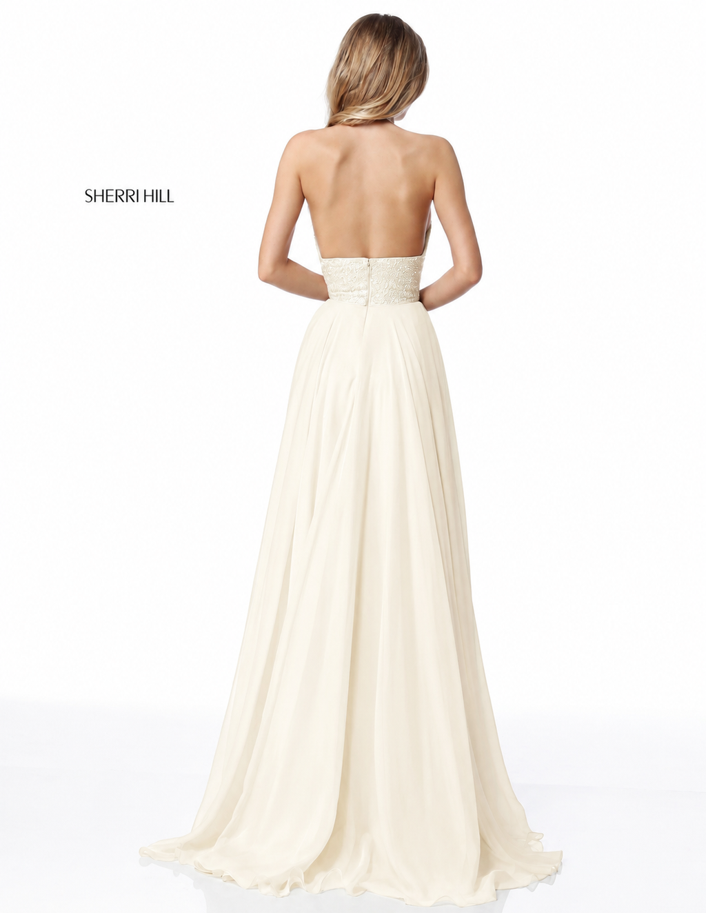 Sherri Hill 51640 Ivory Sequin Halter Chiffon Gown Size 8 NWT Retail $480
