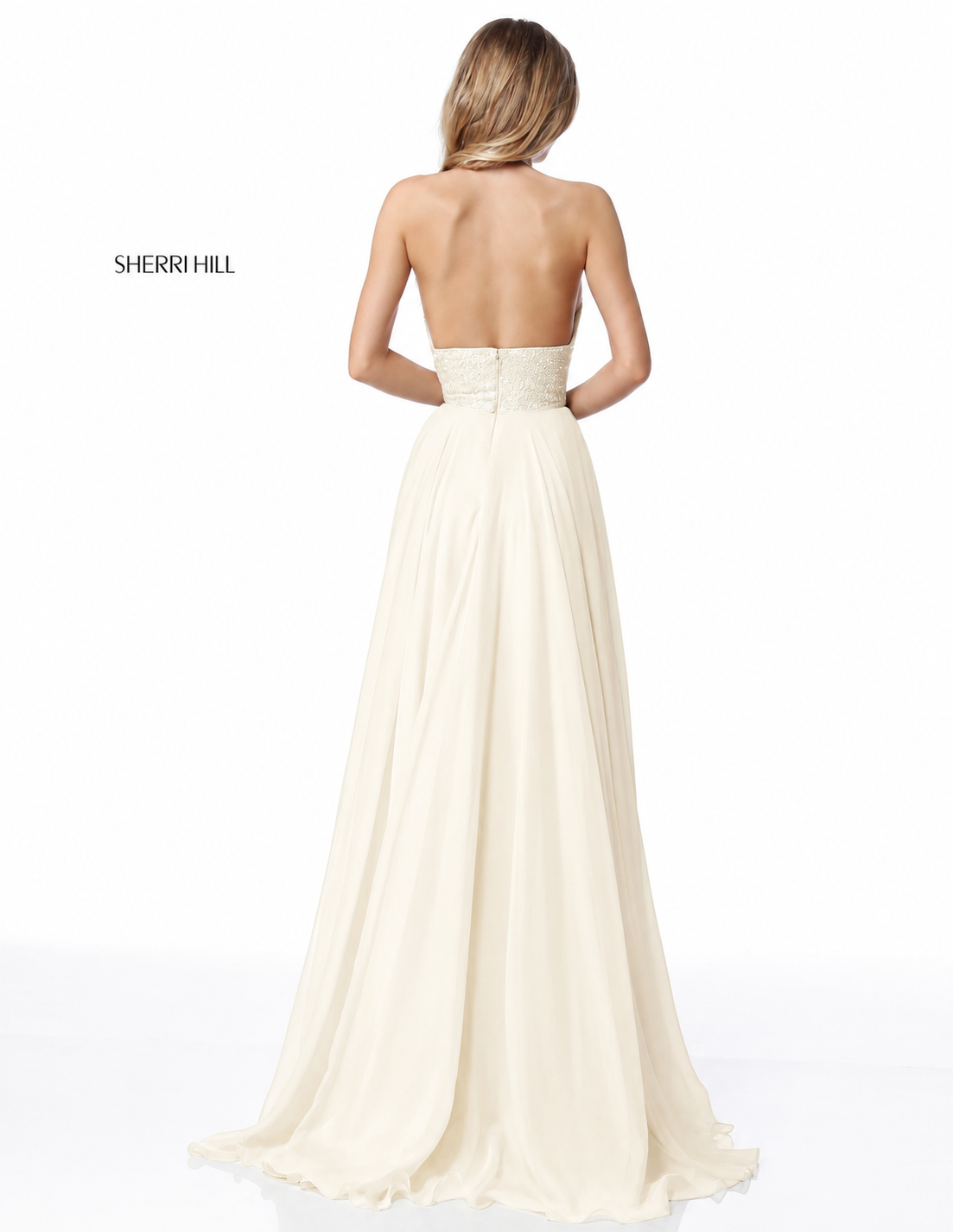 Sherri Hill 51640 Ivory Sequin Halter Chiffon Gown Size 8 NWT Retail $480
