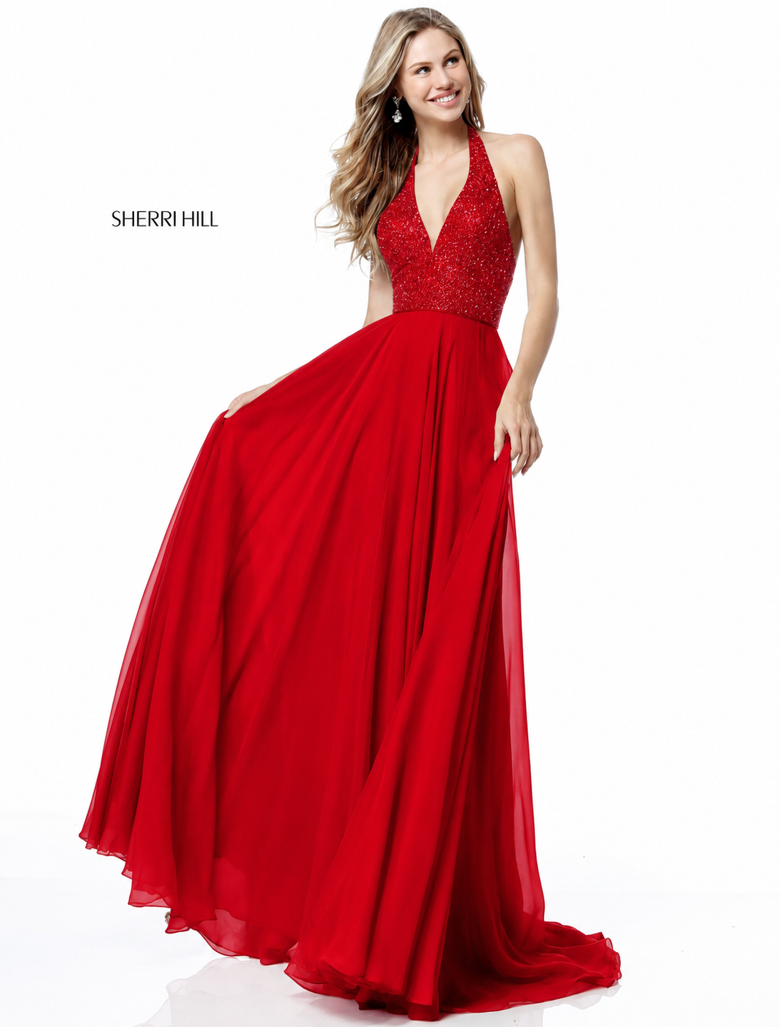 Sherri Hill 51640 Red Sequin Halter Chiffon Gown Size 8 NWT Retail $480