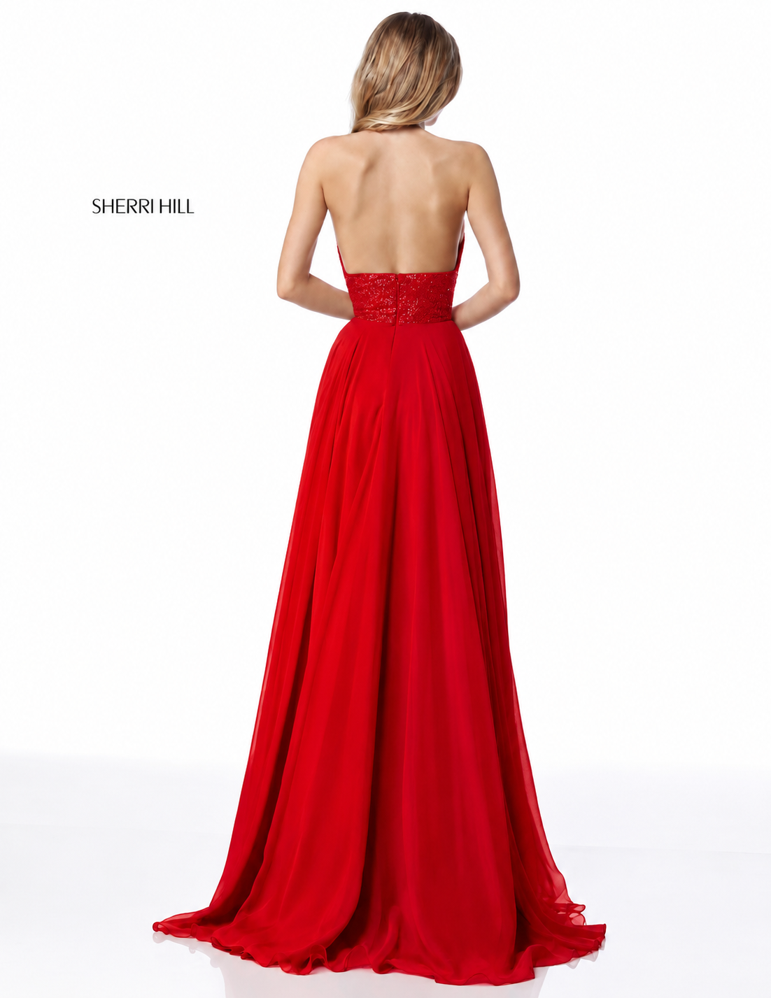 Sherri Hill 51640 Red Sequin Halter Chiffon Gown Size 8 NWT Retail $480