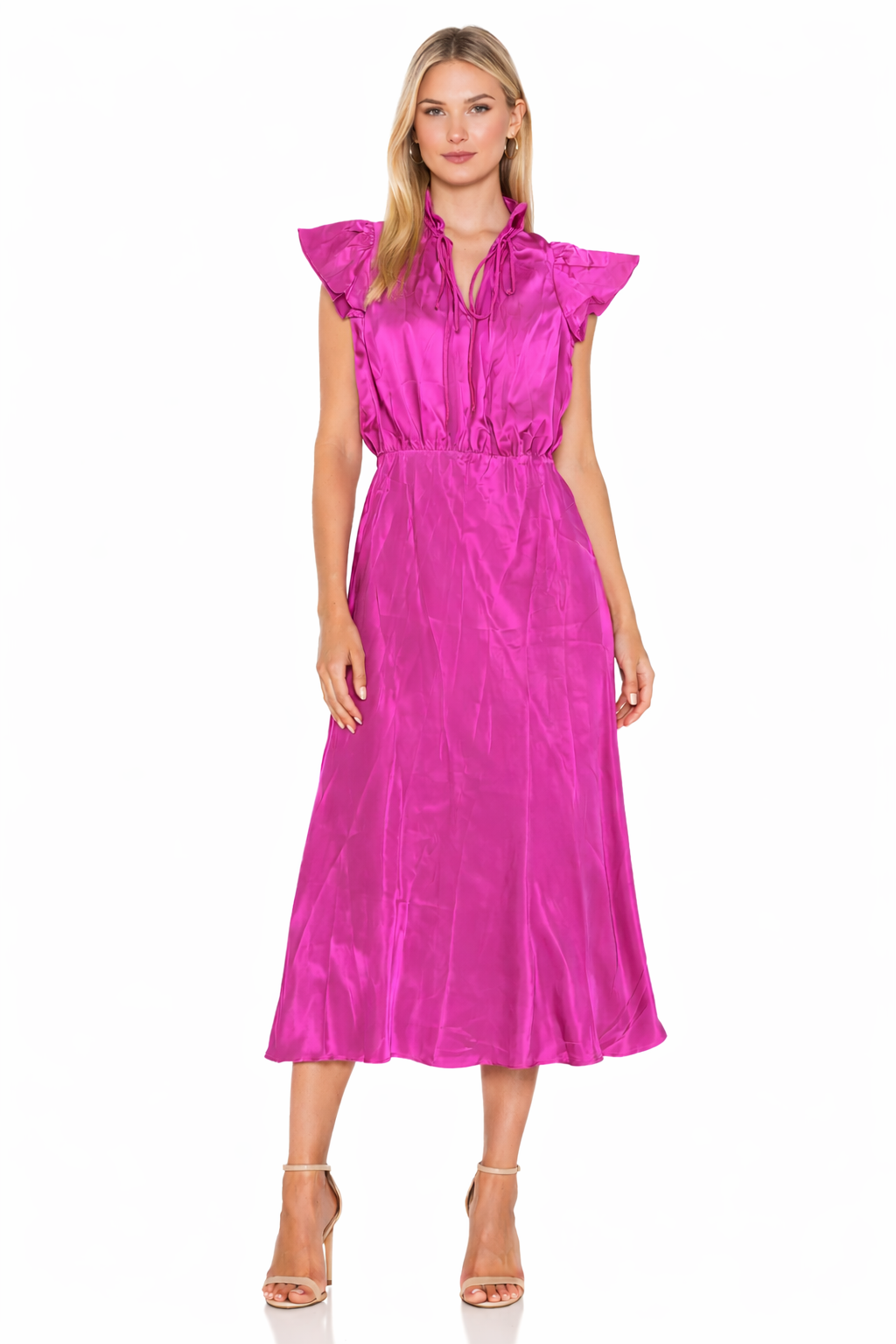 Amanda Uprichard Silk Midi Dress Fuchsia Ruffle Neck Size Small $326