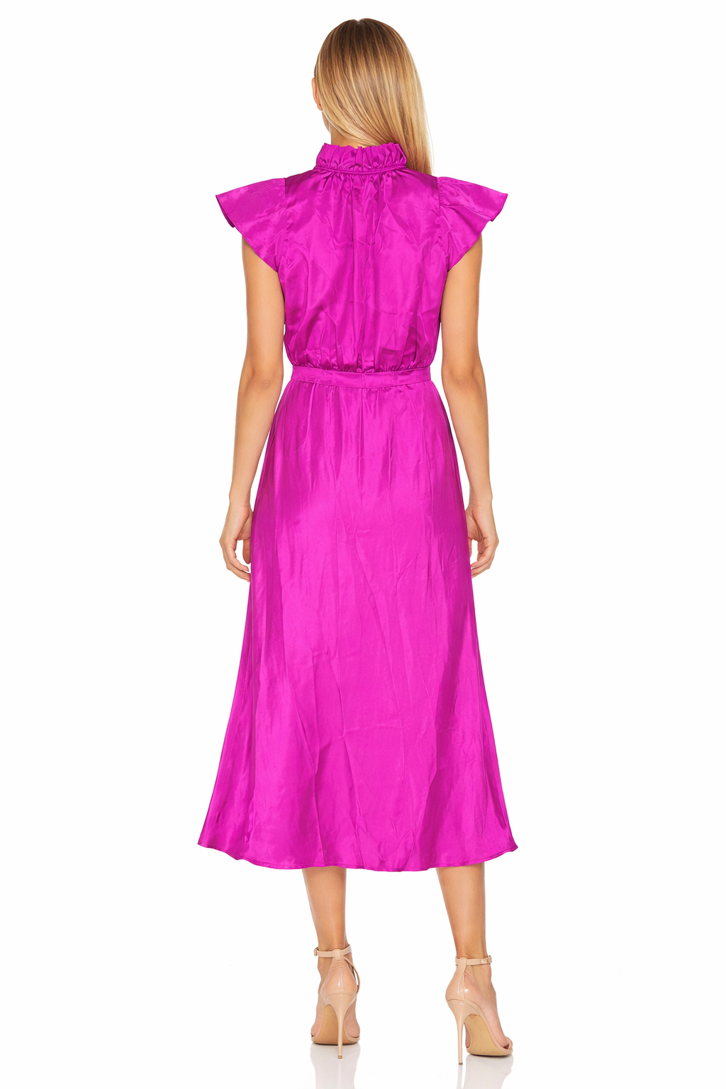 Amanda Uprichard Silk Midi Dress Fuchsia Ruffle Neck Size Small $326