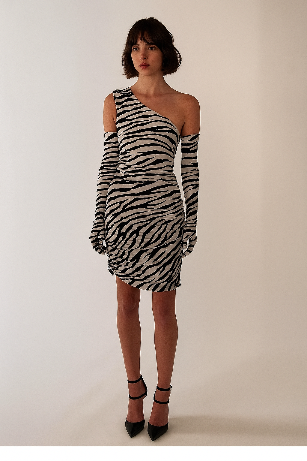 Miscreants London SJP Zebra One-Shoulder Dress with Matching Gloves UK 6 US 2 $495