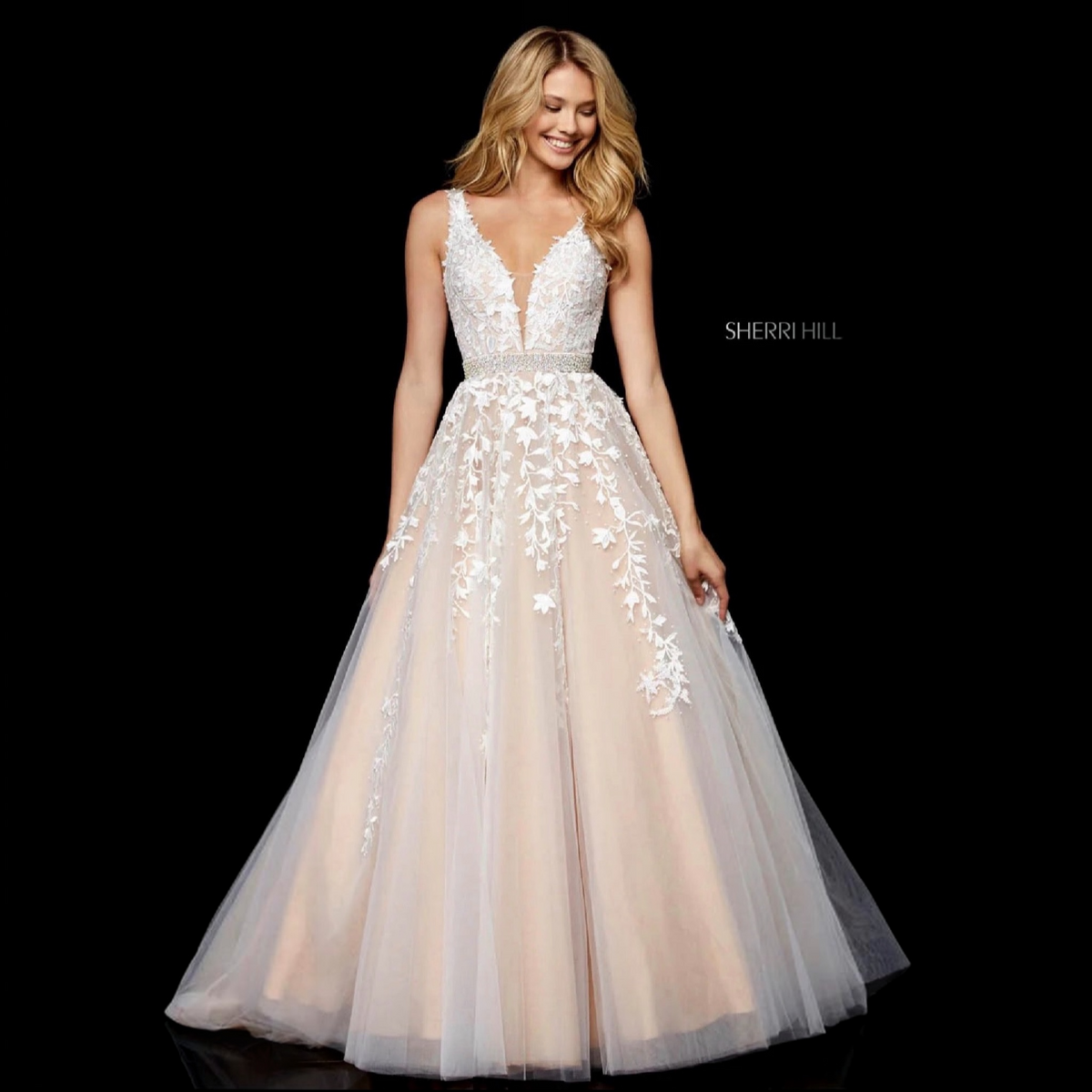 Sherri Hill 11335 Ivory Nude Lace Ball Gown  $898