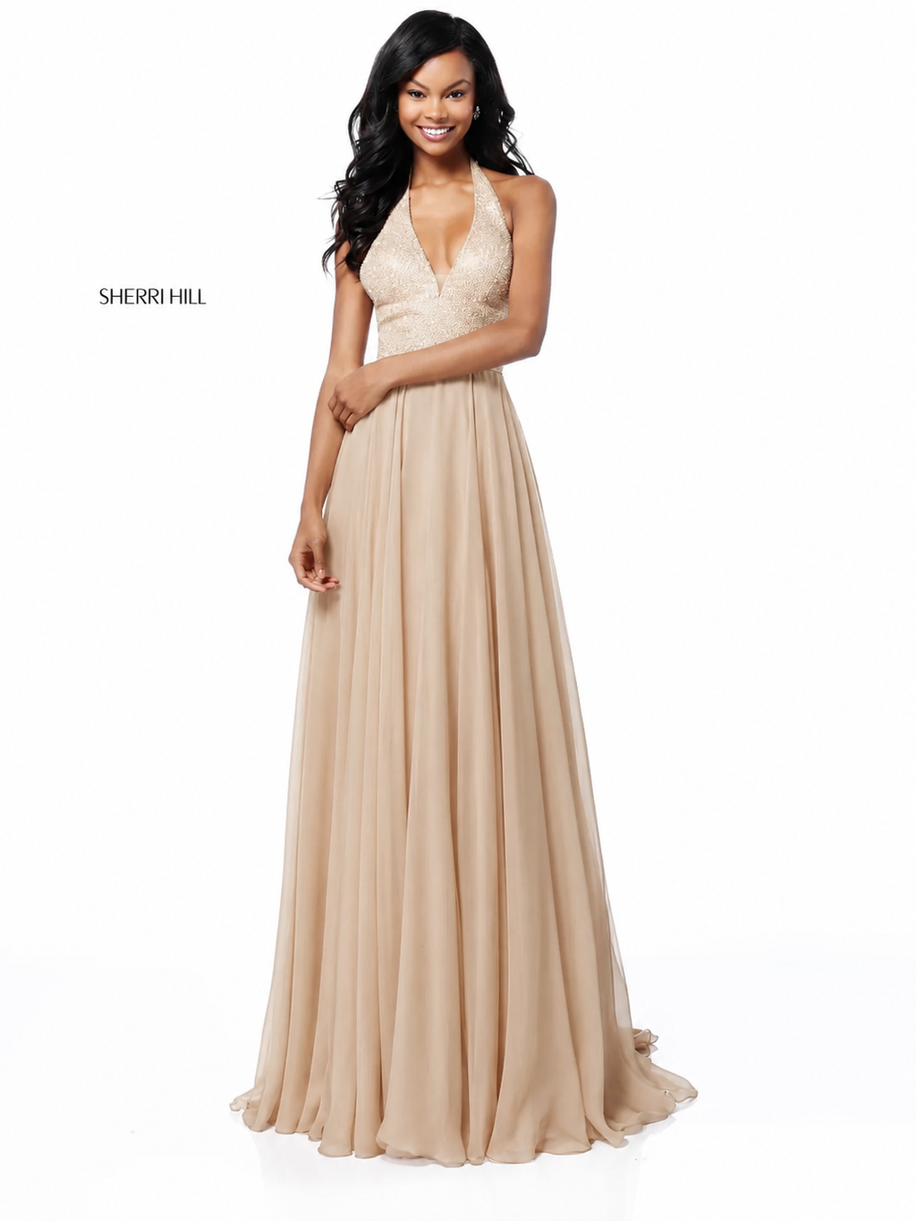Sherri Hill 51640 Nude Sequin Halter Chiffon Gown Size 8