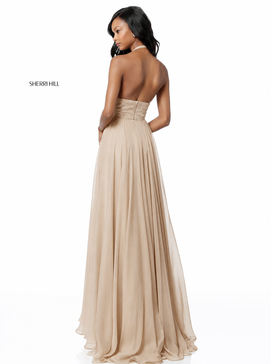 Sherri Hill 51640 Nude Sequin Halter Chiffon Gown Size 8