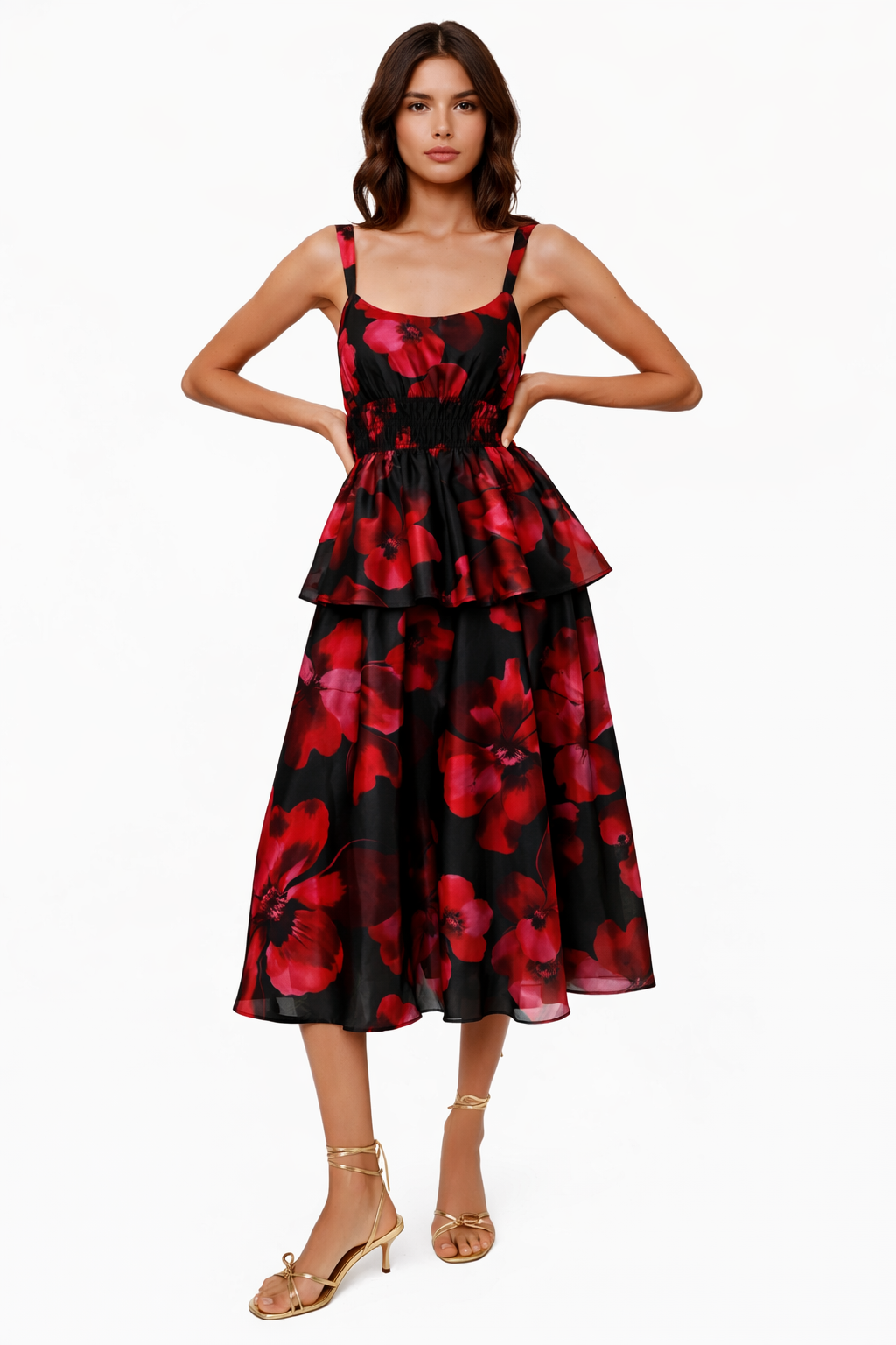 Hutch Desiree Black Red Floral Peplum Midi Dress Small Fit & Flare $305