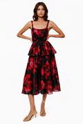 Hutch Desiree Black Red Floral Peplum Midi Dress Small Fit & Flare $305