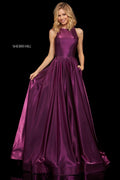 Sherri Hill 52958 Dark Purple Satin Shimmer Ball Gown Open Back Size 4 $450