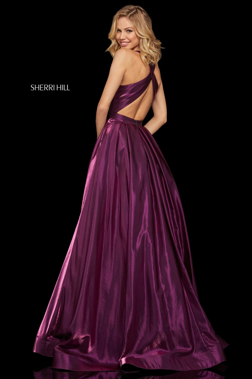 Sherri Hill 52958 Dark Purple Satin Shimmer Ball Gown Open Back Size 4 $450