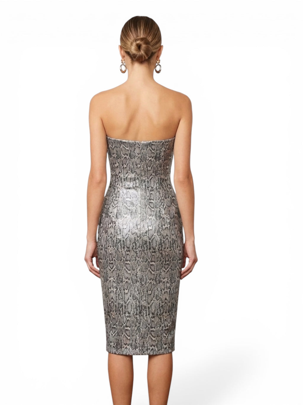 Nookie Blind Date Midi Dress Silver Metallic Snake Print Strapless Large $279