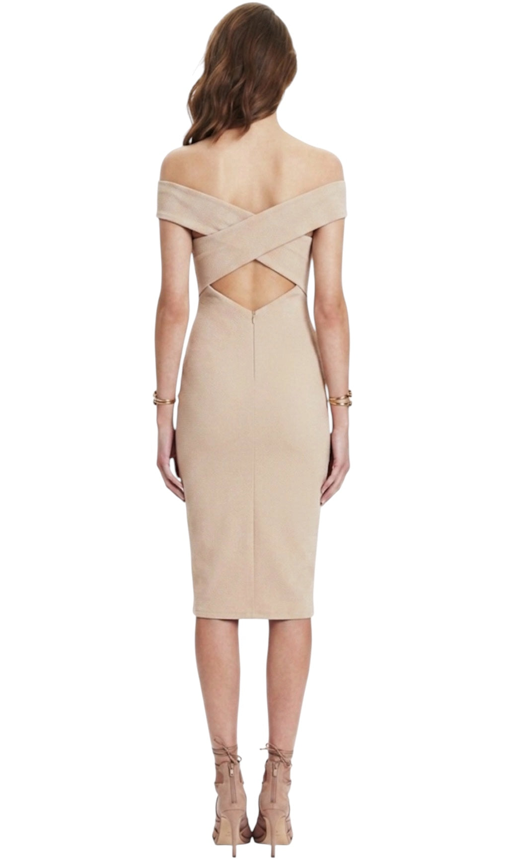 Nookie Boulevard Crossover Midi Dress Nude Cutout Off Shoulder Medium $290