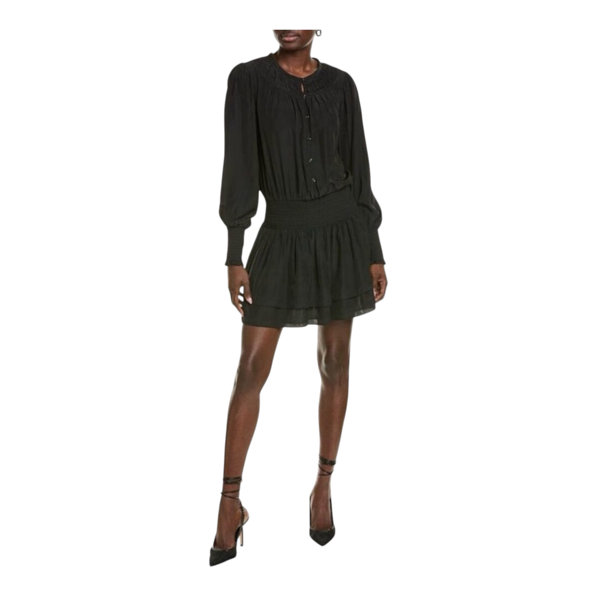Ramy Brook Clarinda Smocked Drop Waist Mini Dress Black Sz XXS