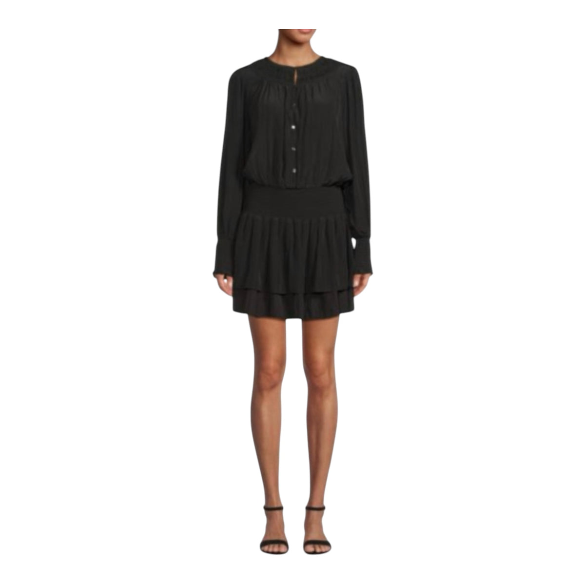 Ramy Brook Clarinda Smocked Drop Waist Mini Dress Black Sz XXS