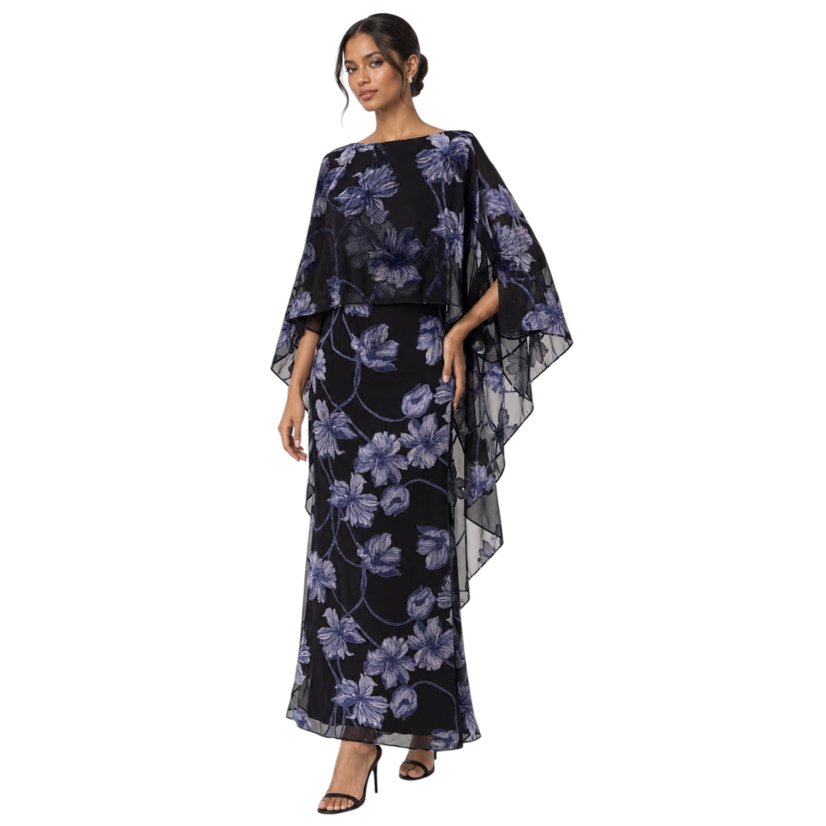 Hutch Avielle Velvet Burnout Floral Cape Maxi Dress – Black/Purple – Small