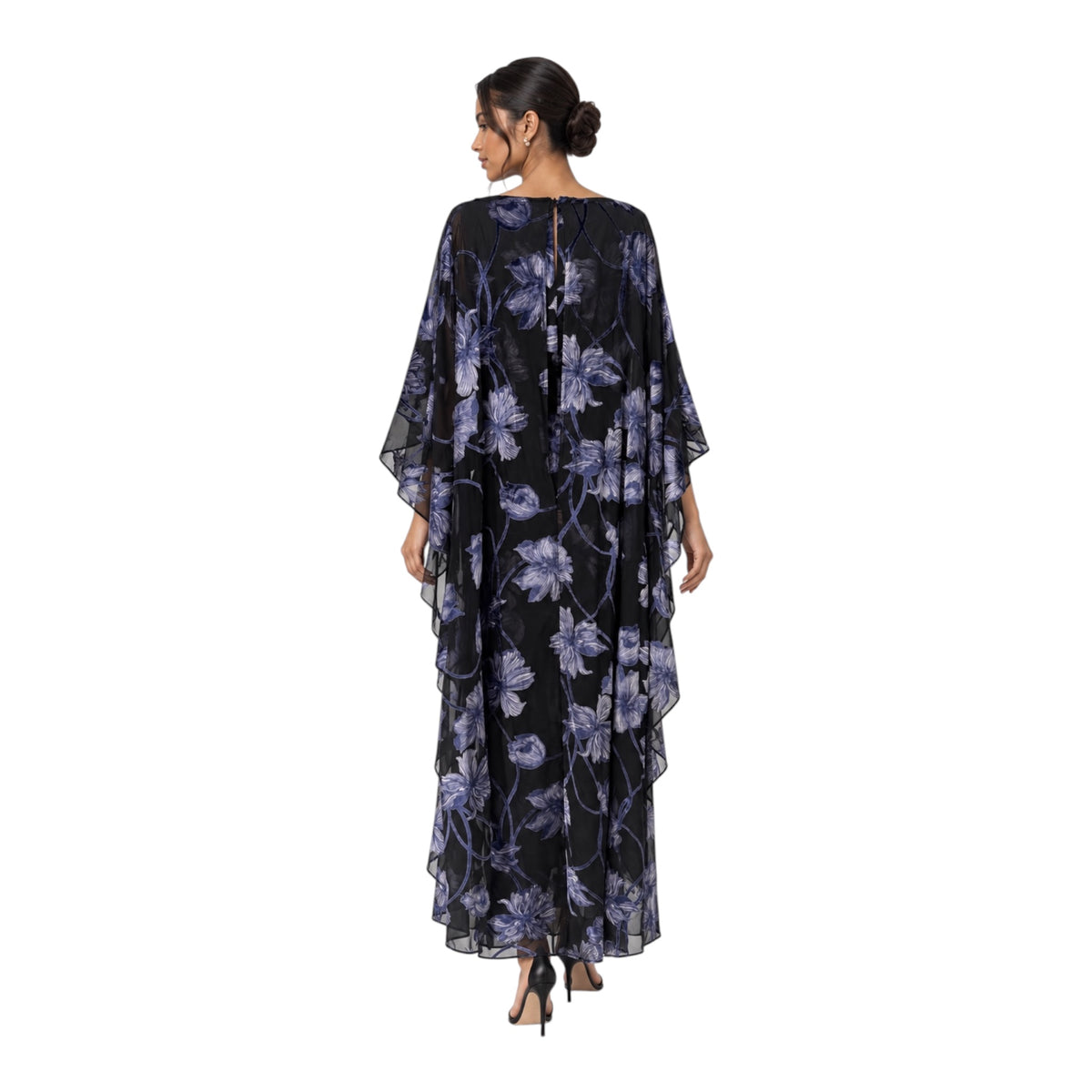 Hutch Avielle Velvet Burnout Floral Cape Maxi Dress – Black/Purple – Small