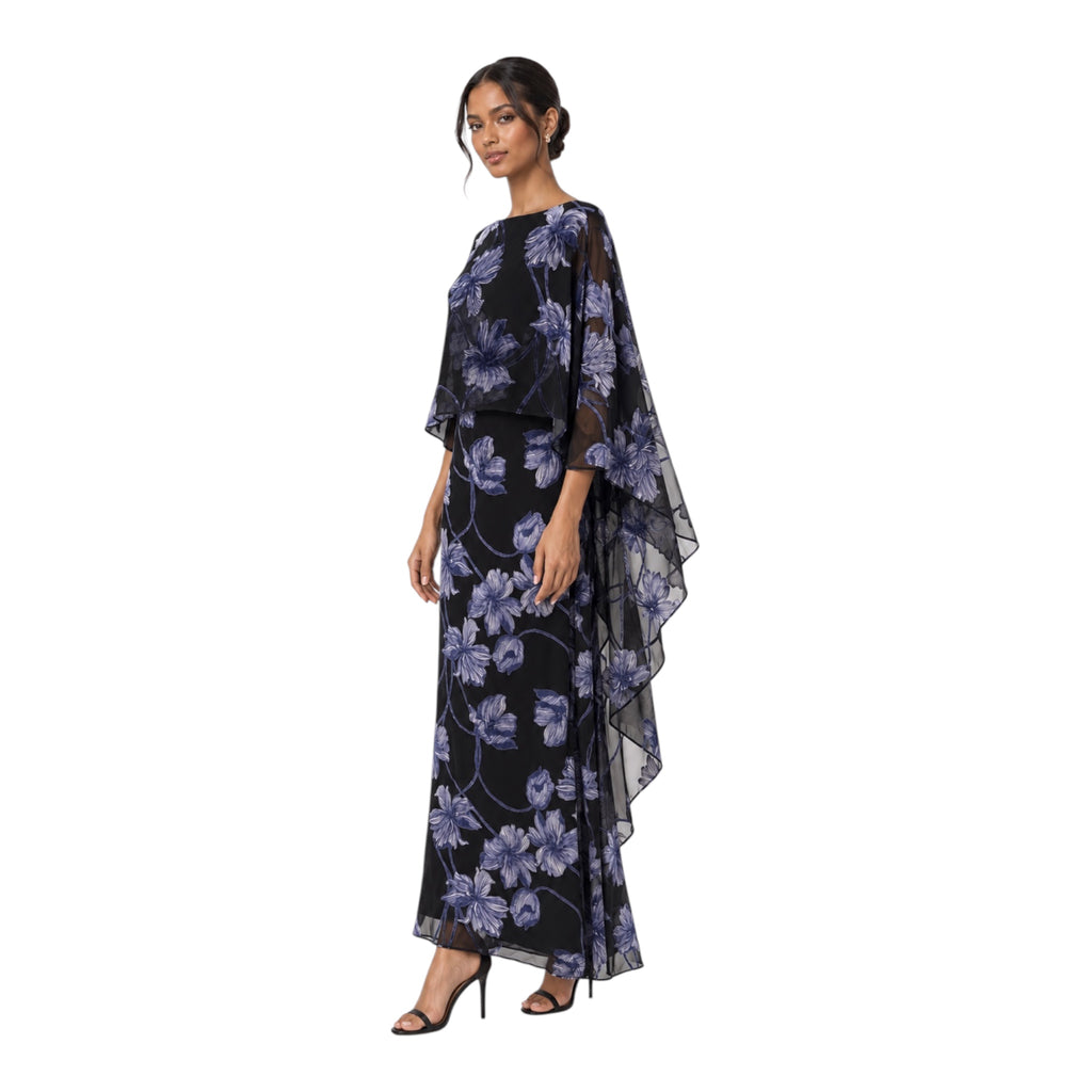Hutch Avielle Velvet Burnout Floral Cape Maxi Dress – Black/Purple – Small