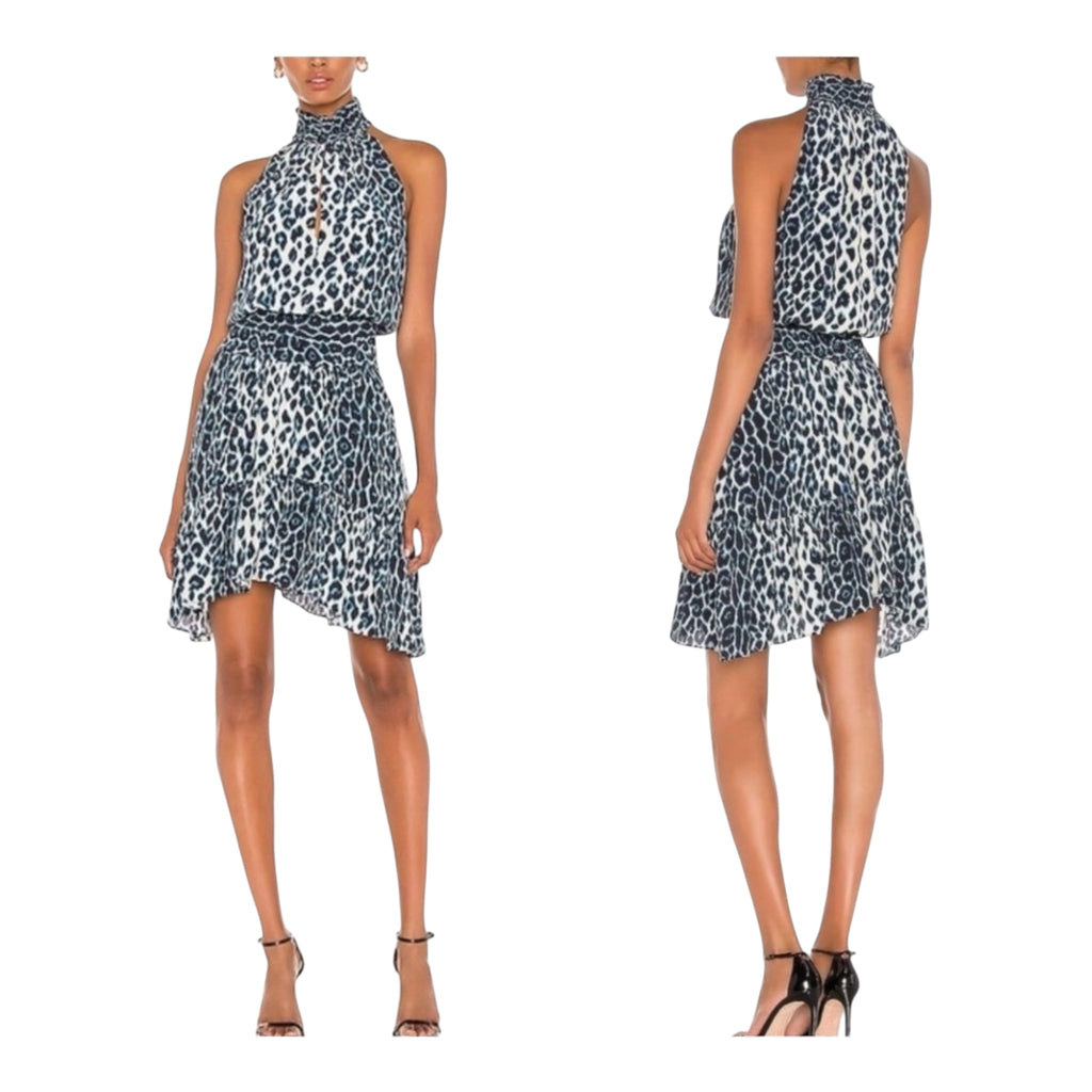 A.L.C. Cody Silk Leopard-Print Smocked Blue Leopard Dress Sz 0 $495